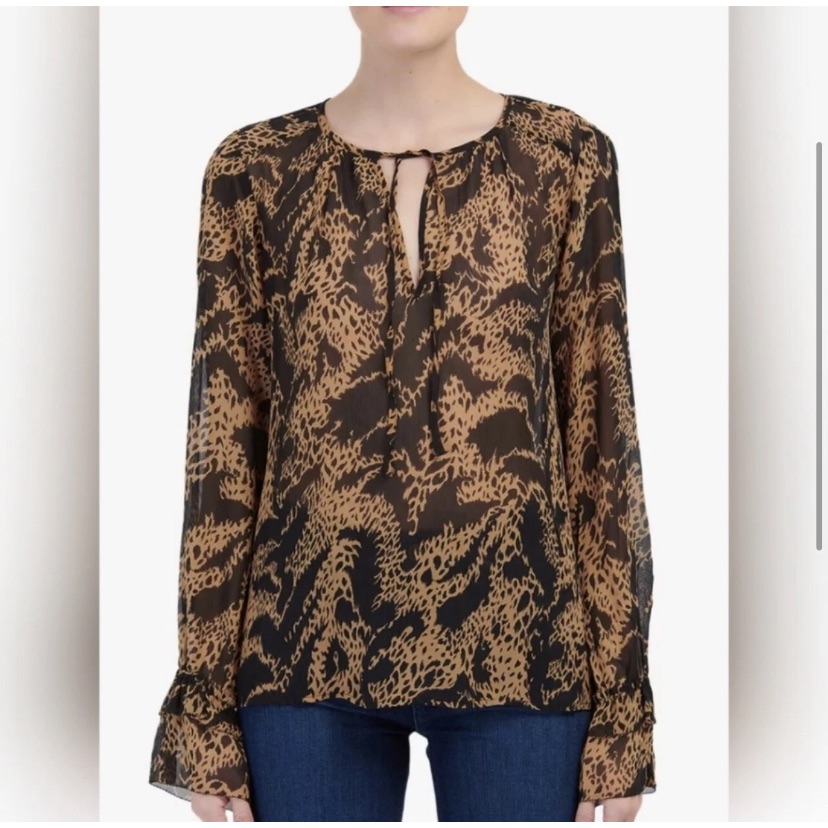 Paige Jojie 100% Silk Blouse Women’s S Mixed Tiger Print Tie Neck Ruffle Cuff